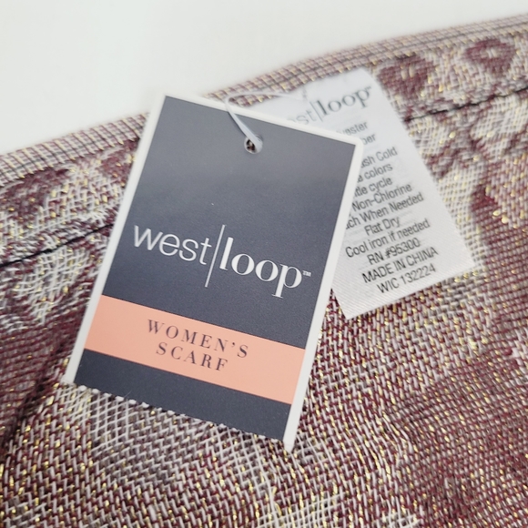 * West loop womens scarf 27"X67" burgendy gold floral pattern fringe edges new - Picture 5 of 7